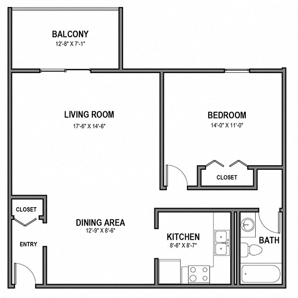 Floor plan for 1 bed, 1 bath, 800 sqft